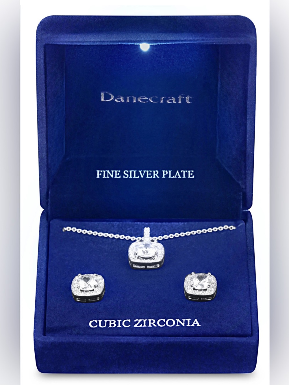 New Lighted Box Danecraft Fine Silver Plate Cubic Zirconia Necklace &Earring Set